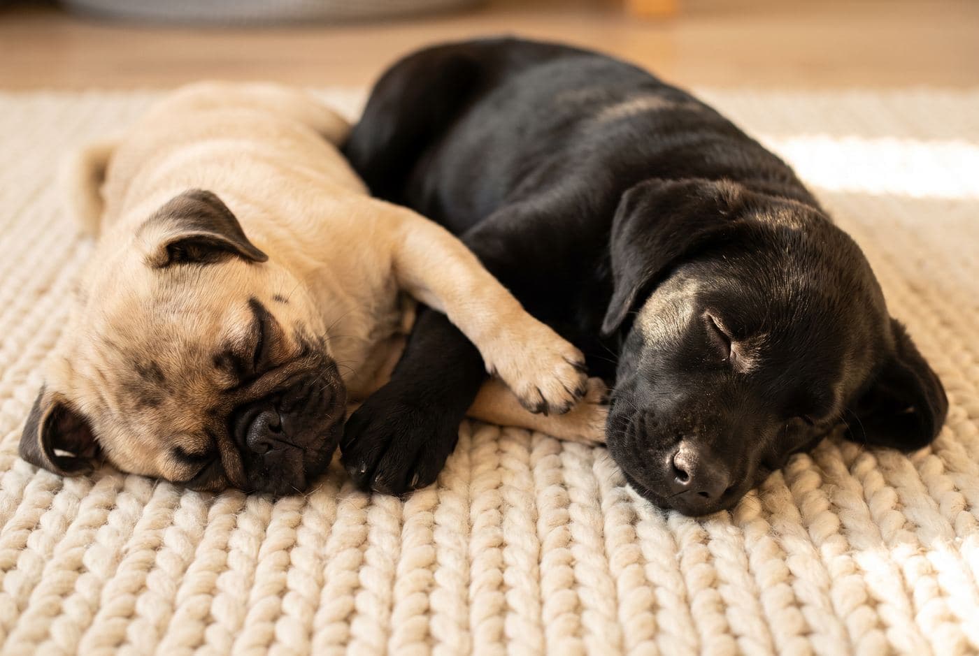 A pug puppy and a black labrador puppy asleep side by side on a cream rug