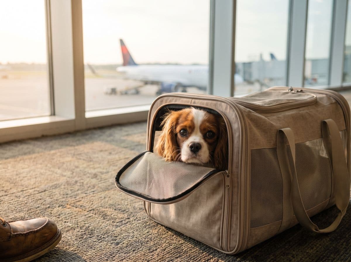 A Cavalier King Charles spaniel peeking out of a soft pet carrier at an airport gate