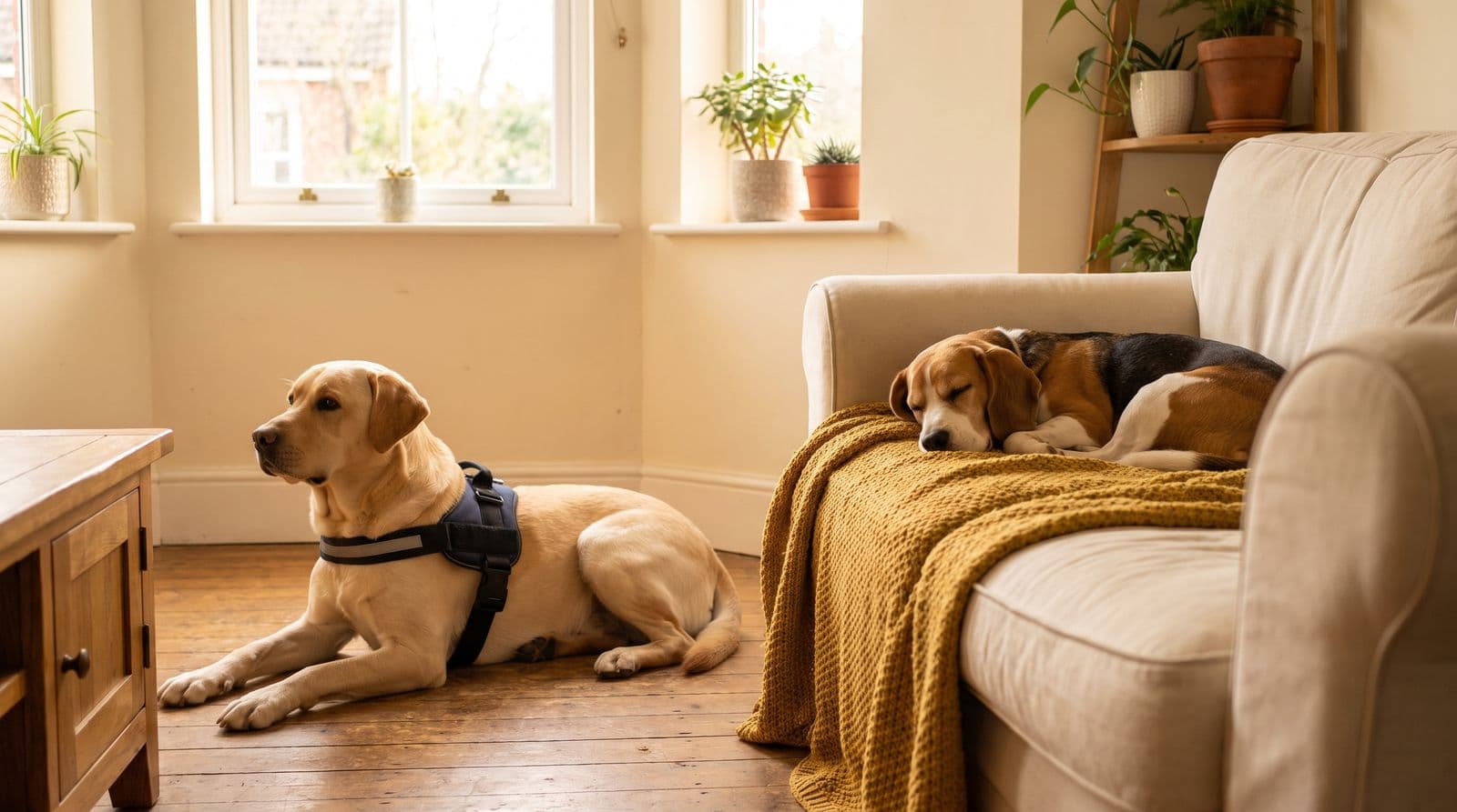 A yellow Labrador in a plain working harness lying alert on a wooden floor while a beagle sleeps on a mustard blanket on the sofa