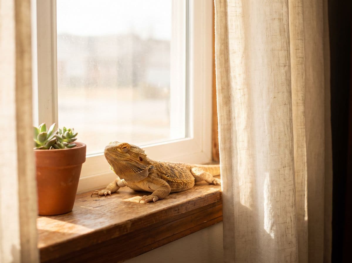 A bearded dragon basking on a sunny wooden windowsill beside a potted succulent