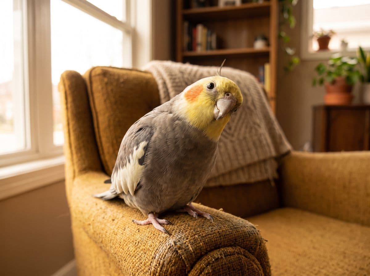 A grey cockatiel with orange cheeks perched on a mustard armchair, head tilted