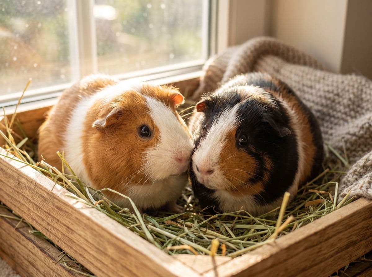 Two guinea pigs nose to nose in a bed of fresh hay