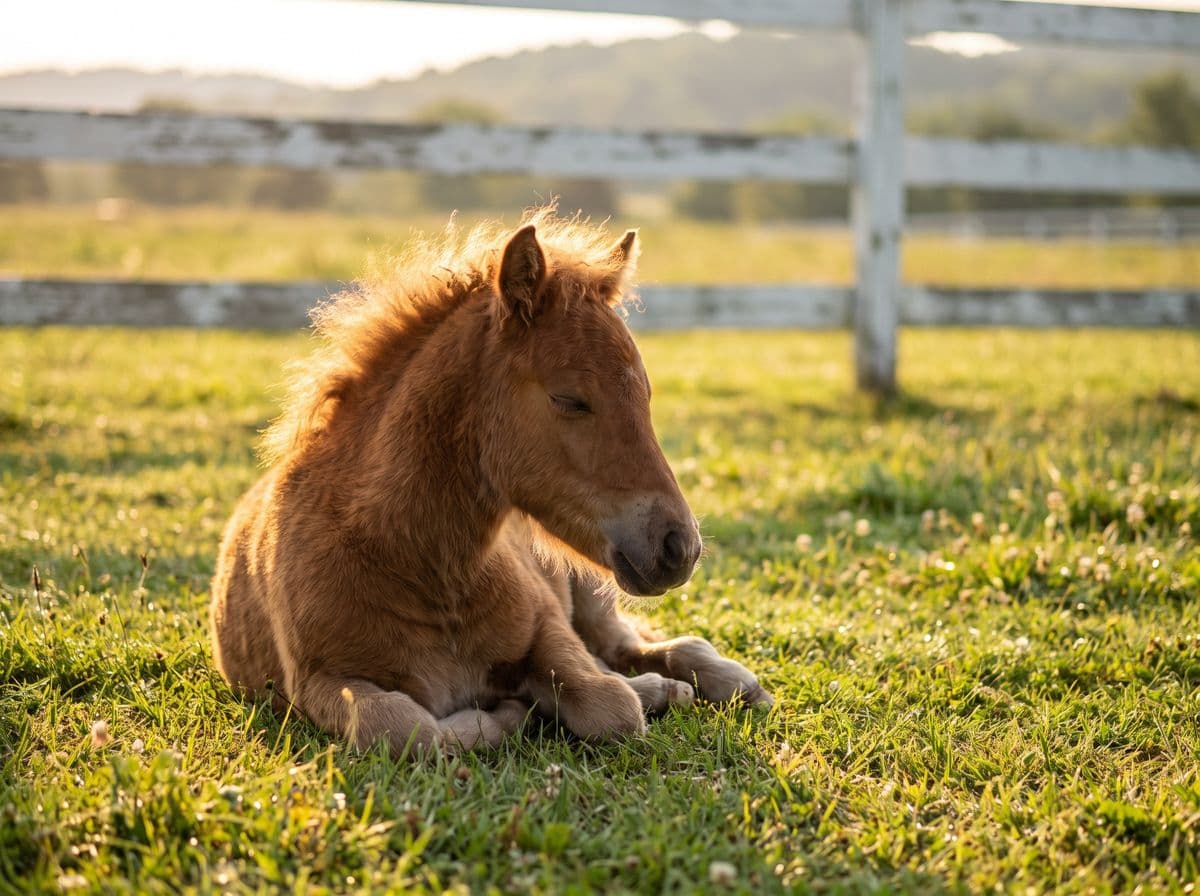 A chestnut miniature horse foal lying in a grassy paddock at golden hour