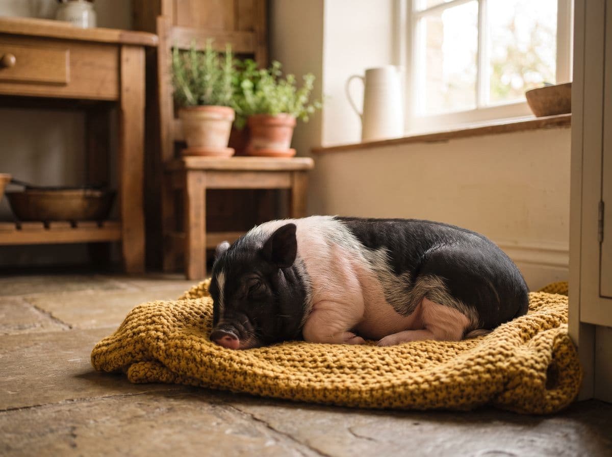 A black and pink potbellied piglet asleep on a mustard knitted blanket