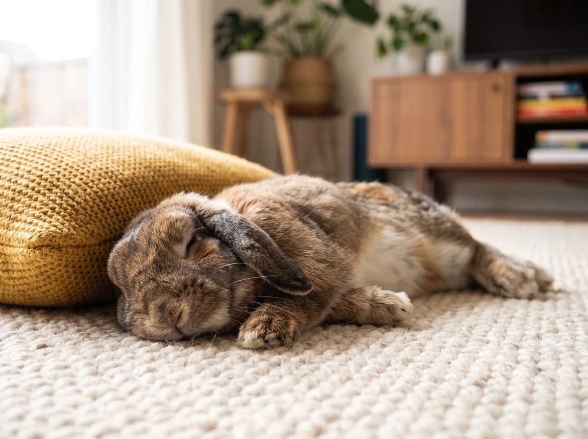 A Holland Lop rabbit stretched out asleep on a cream rug beside a mustard cushion
