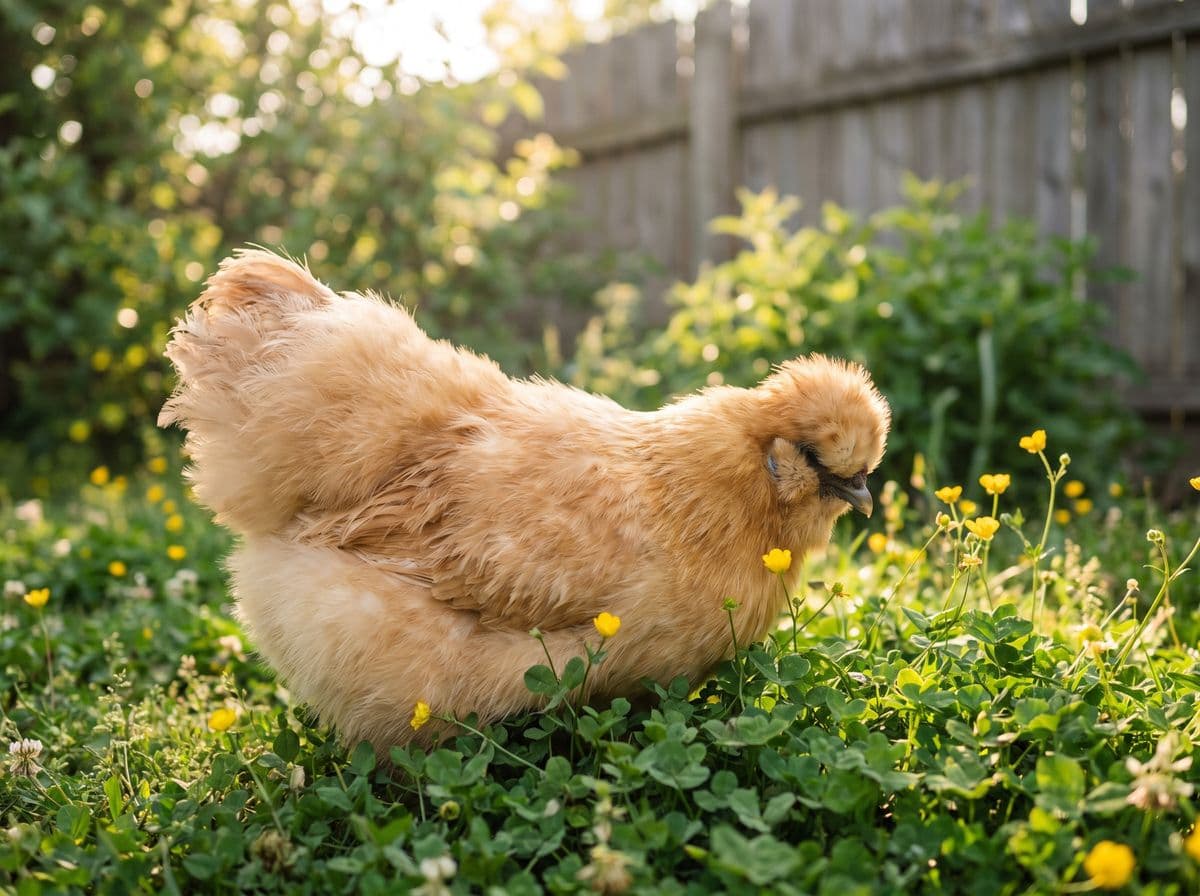 A fluffy buff Silkie hen in a sunny backyard among clover and yellow flowers