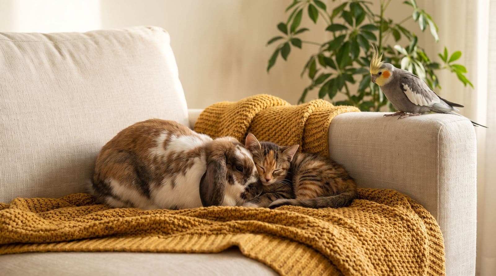 A lop-eared rabbit and a tabby kitten asleep together on a mustard blanket, a cockatiel watching from the sofa arm