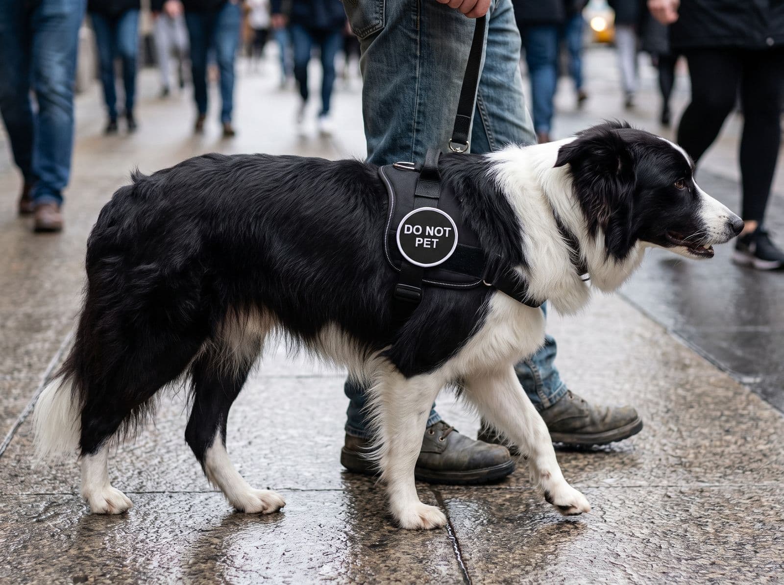 A border collie on a busy sidewalk with the round DO NOT PET patch on its harness