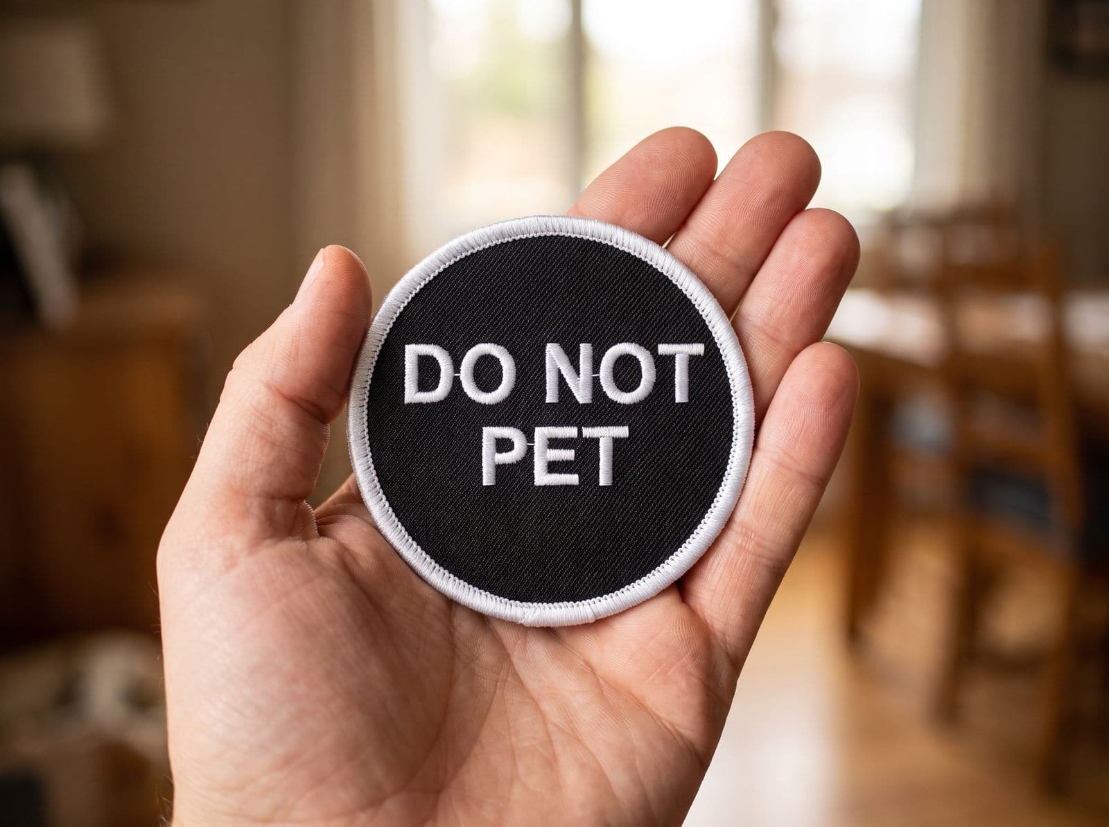 The round embroidered DO NOT PET patch lying in an open palm