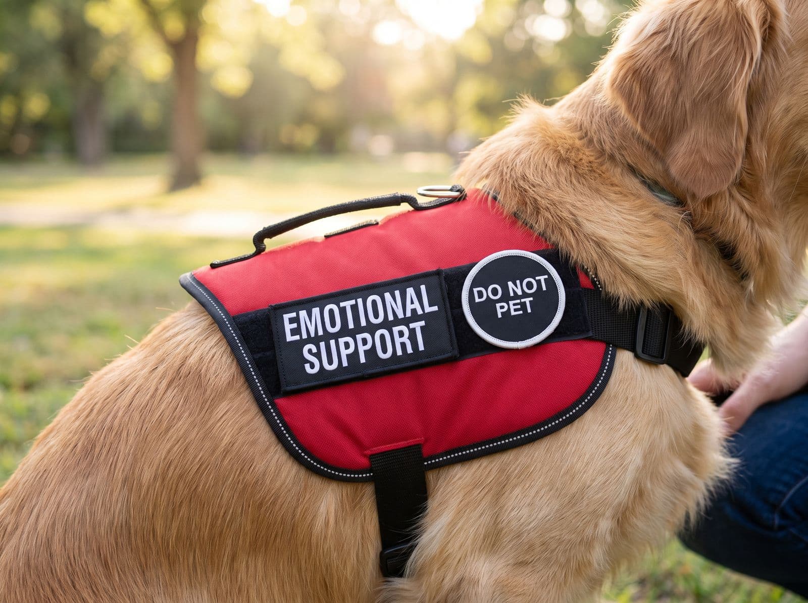 The DO NOT PET patch beside the EMOTIONAL SUPPORT patch on the red vest