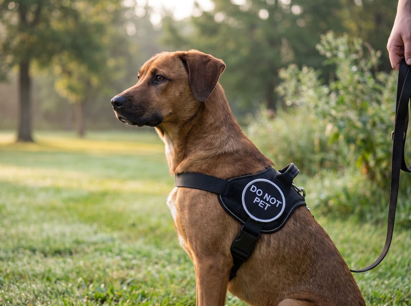 A young dog on a training line in a park with the DO NOT PET patch on its harness