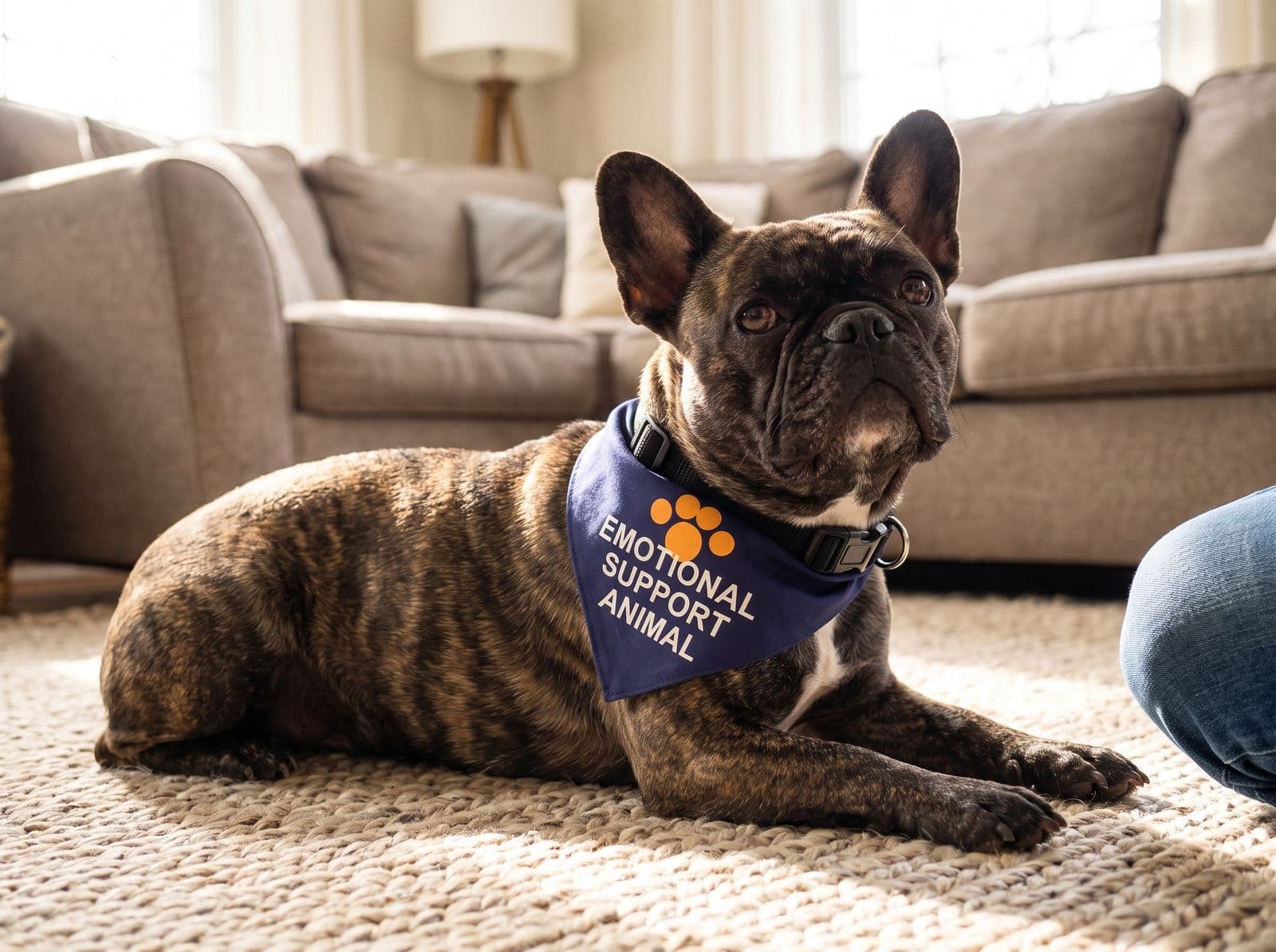 A French bulldog lying on a living-room rug in the navy emotional support bandana