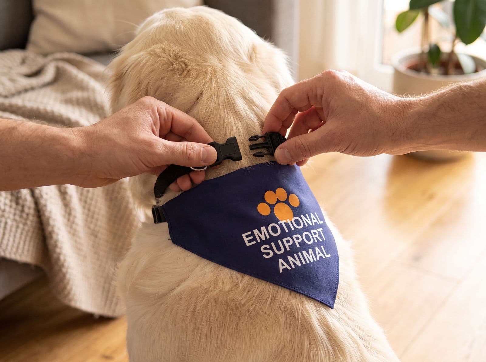 Two hands fastening the clip buckle of the emotional support bandana's collar behind a dog's neck
