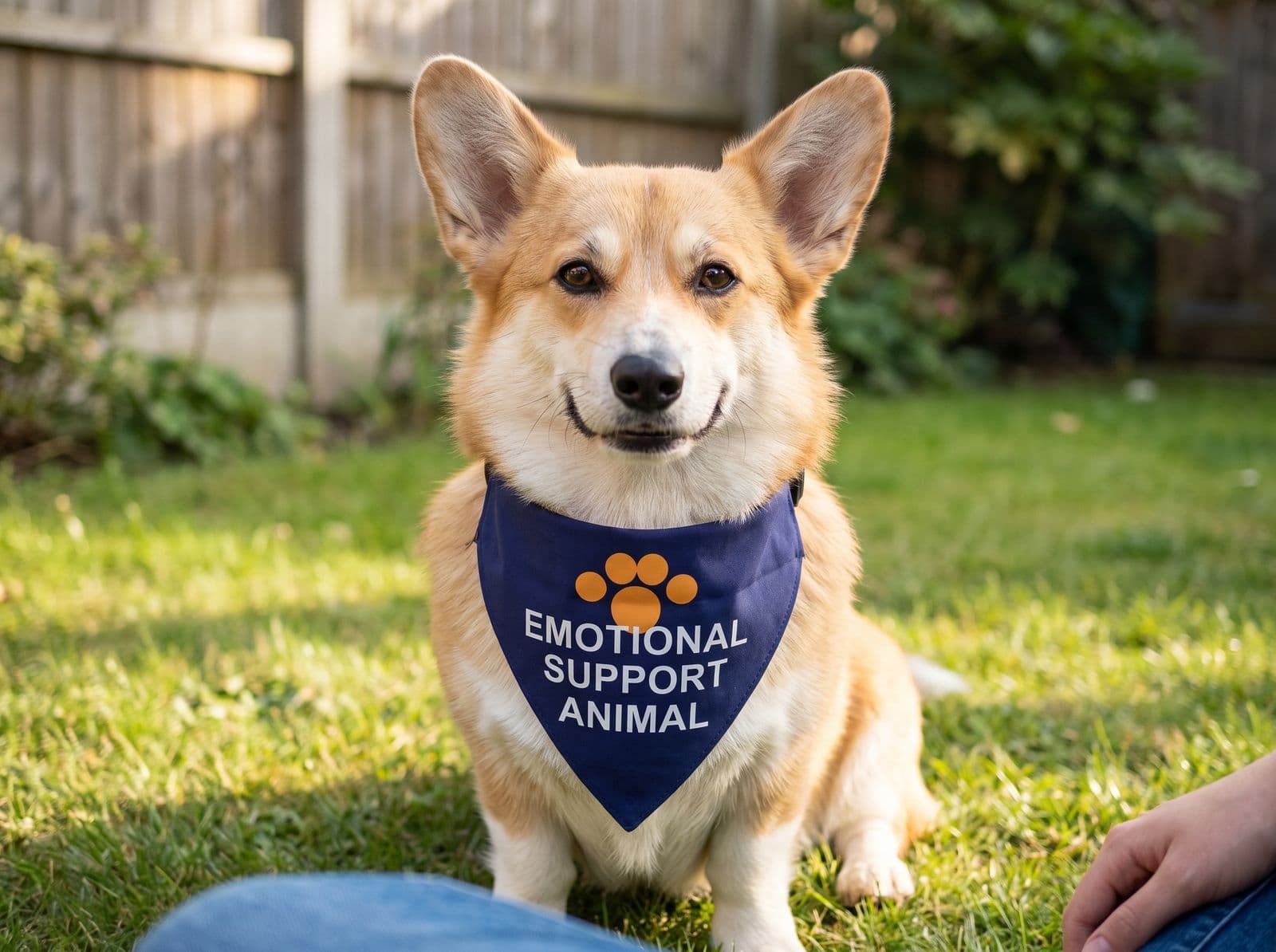 A corgi on a lawn wearing the navy EMOTIONAL SUPPORT ANIMAL bandana with its orange paw print