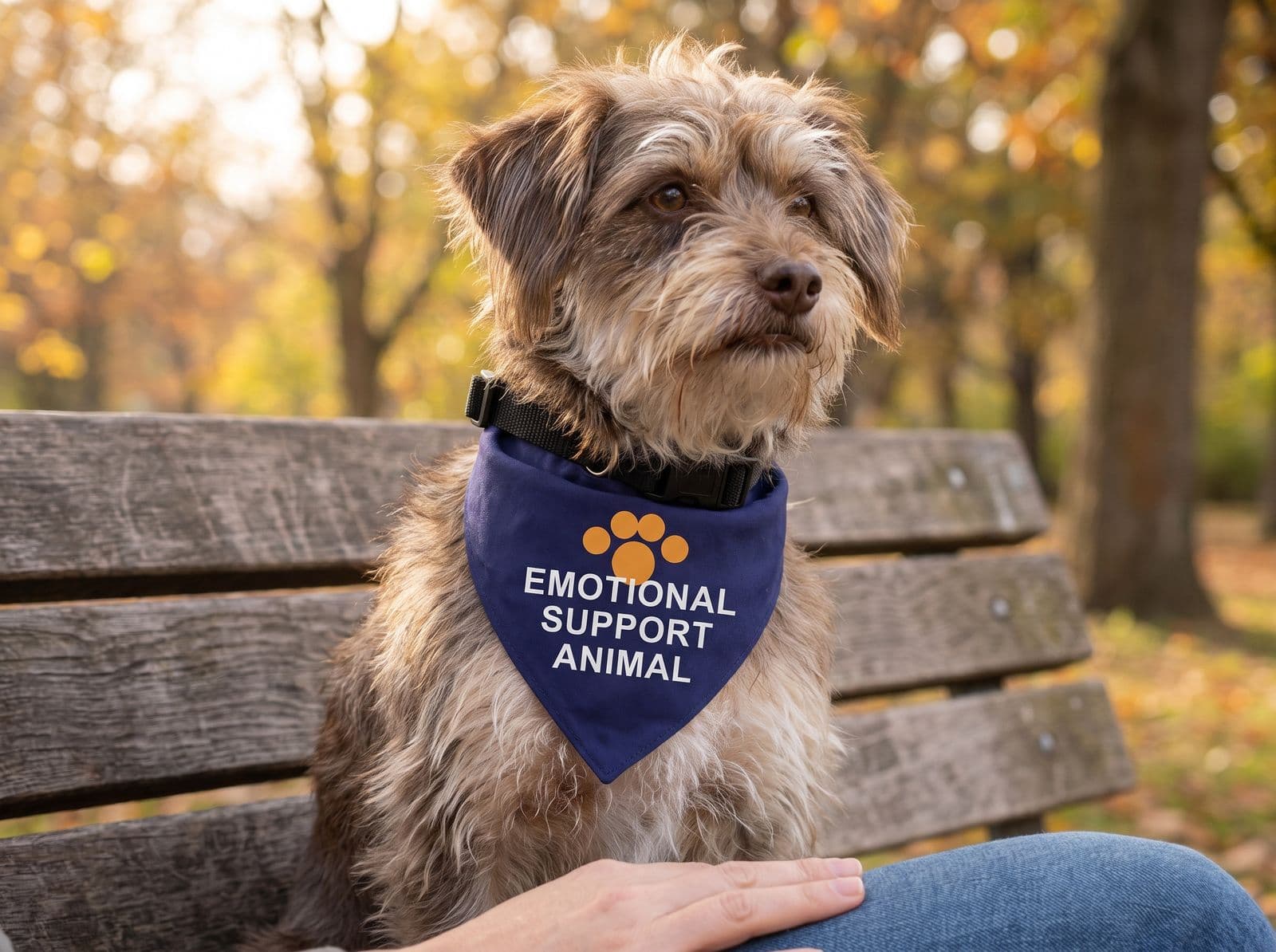 A shaggy dog on a park bench in the navy emotional support bandana