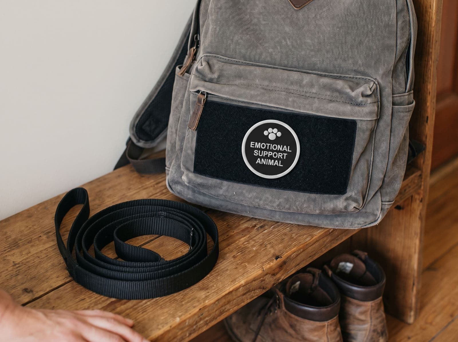 The emotional support animal patch pressed onto the loop panel of a grey backpack, beside a leash