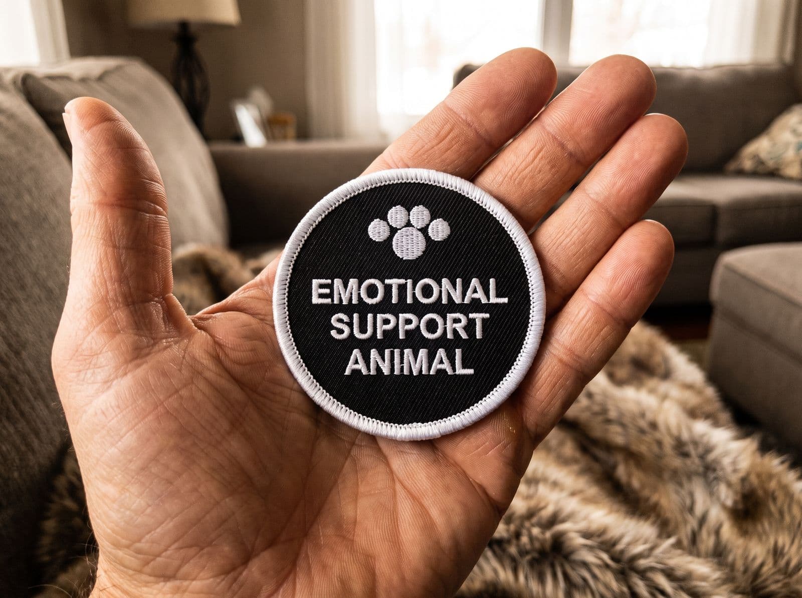 The round embroidered EMOTIONAL SUPPORT ANIMAL patch lying in an open palm