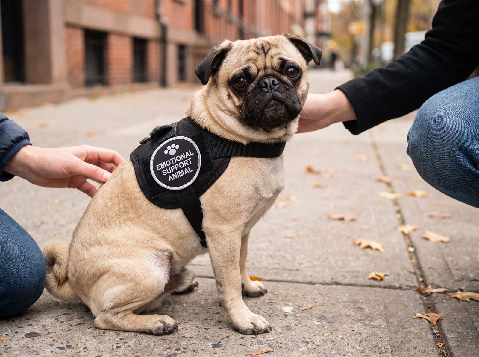 A pug on a sidewalk with the emotional support animal patch on its harness