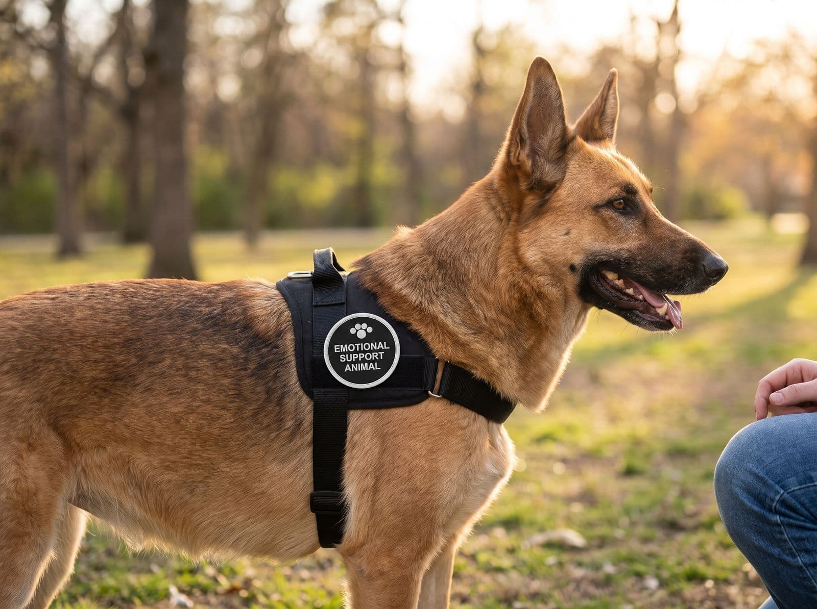 The round EMOTIONAL SUPPORT ANIMAL patch on the side of a shepherd mix's black harness