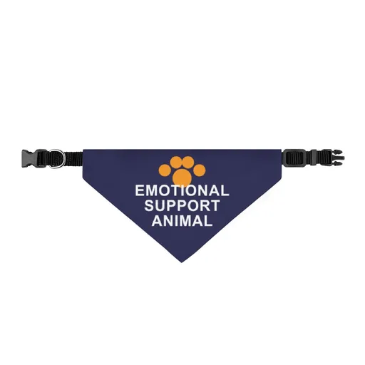 The navy bandana laid flat on its black clip collar