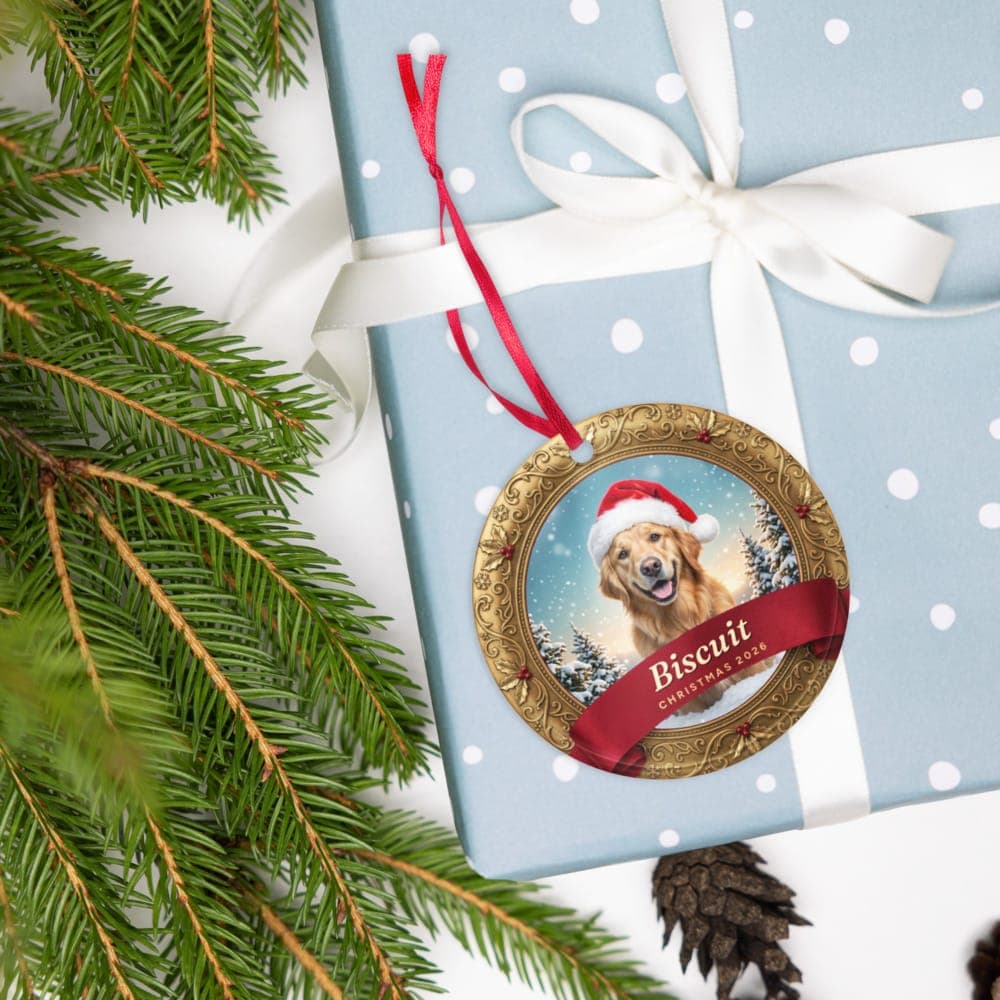 A snow globe pet ornament tied to a wrapped present with its red ribbon