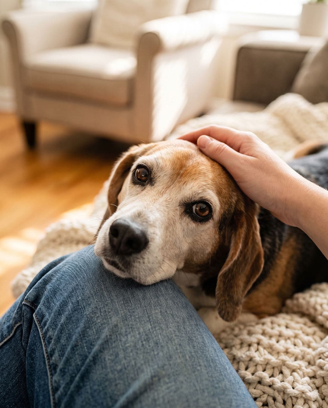 An old beagle resting its chin on its owner's knee and looking up, a hand on its head