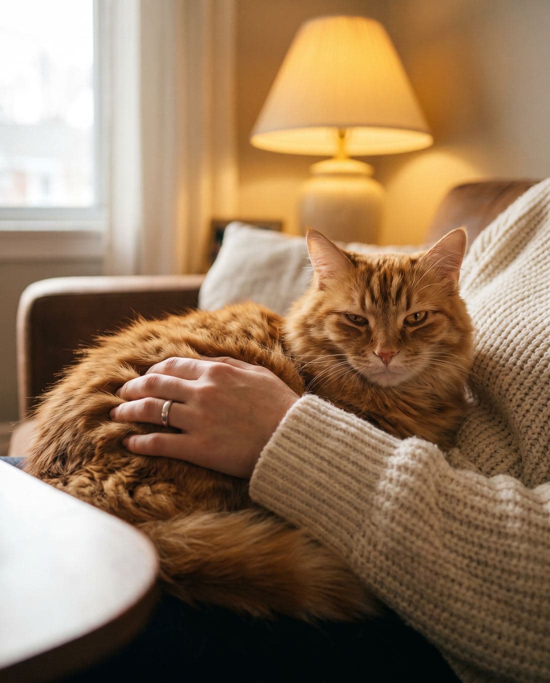 A ginger cat curled on its owner's lap, looking up, a hand resting on its back