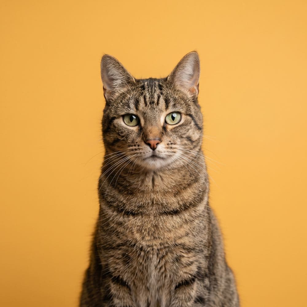 A brown tabby cat sitting upright against a marigold yellow background