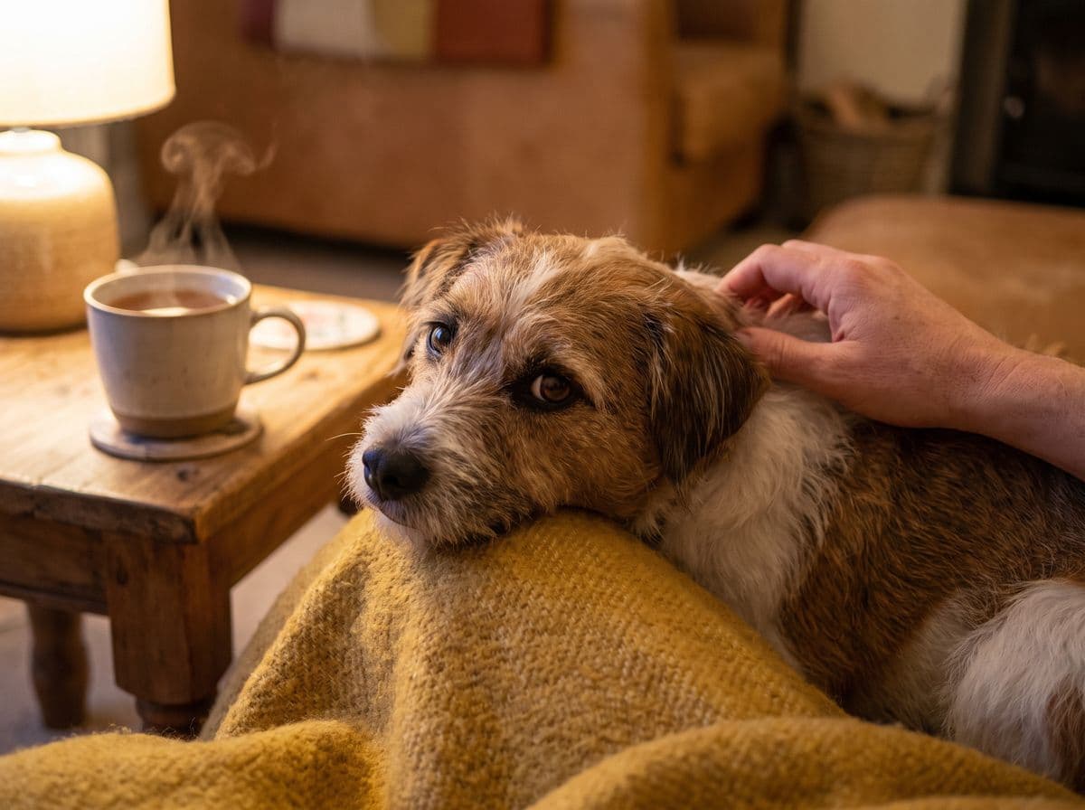 A scruffy terrier mix resting its chin on a knee under a mustard blanket, a mug of tea beside it