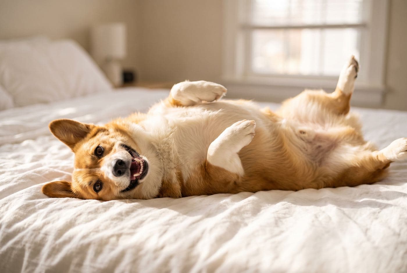 A corgi rolled onto its back on a bed, paws in the air, grinning
