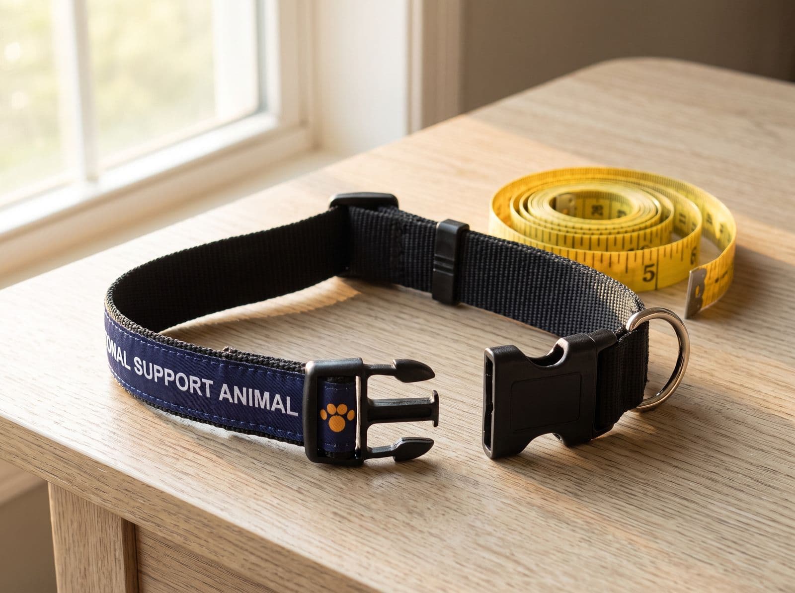 The navy EMOTIONAL SUPPORT ANIMAL collar unclipped on a table beside a tape measure