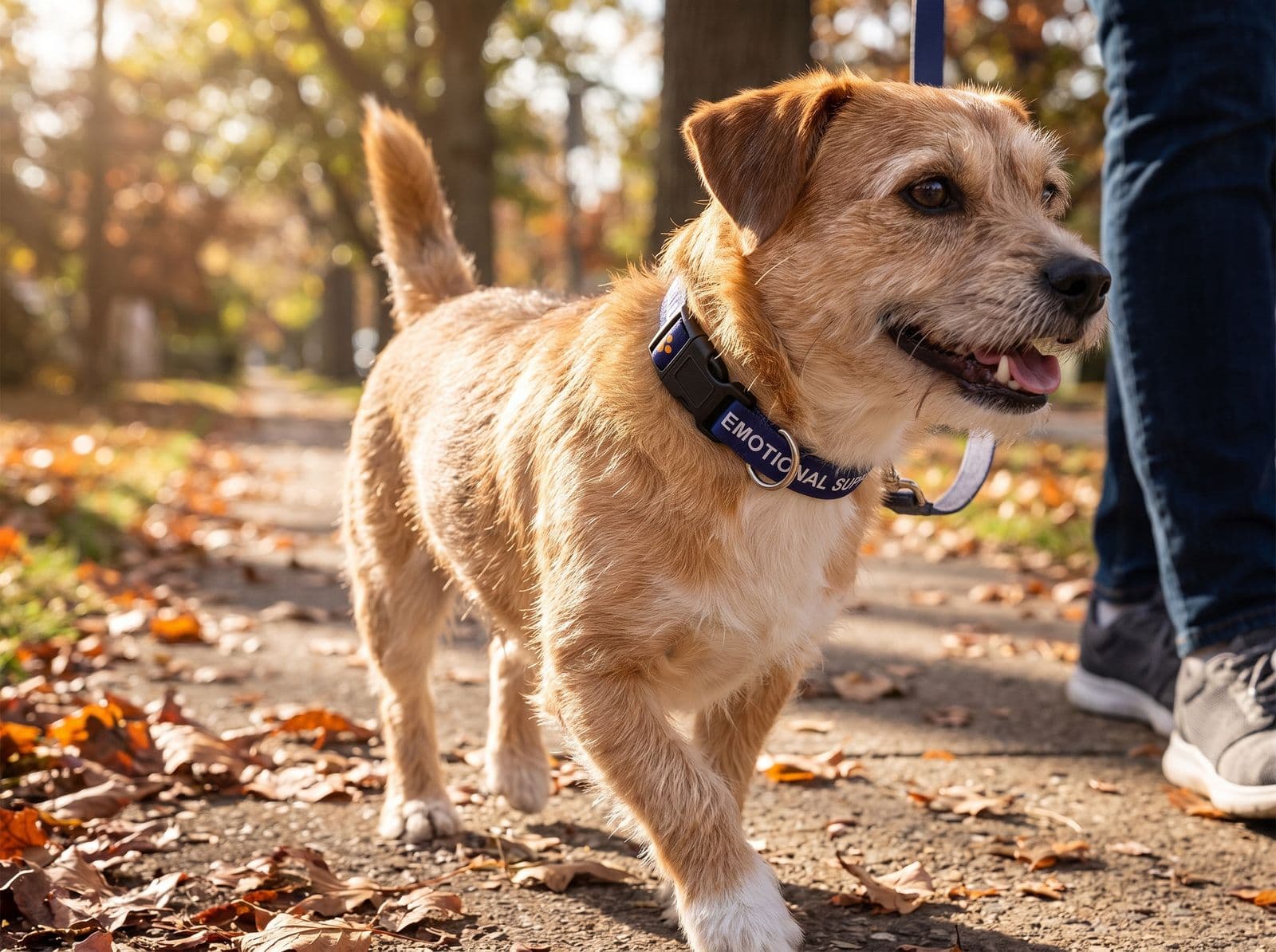A scruffy terrier out on a walk in the navy emotional support collar
