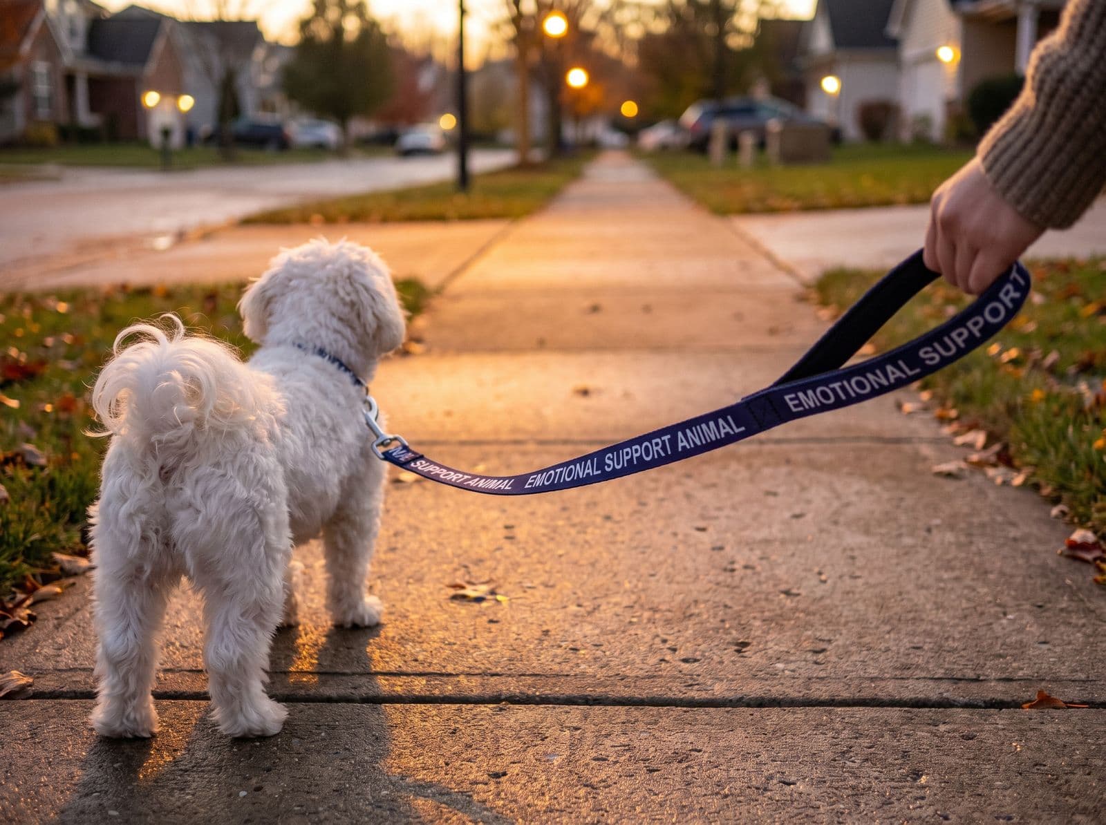 A small white dog walking ahead on the navy EMOTIONAL SUPPORT ANIMAL leash at dusk