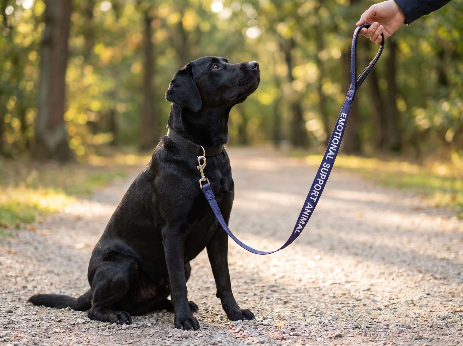 A black Labrador sitting at heel on the navy EMOTIONAL SUPPORT ANIMAL leash