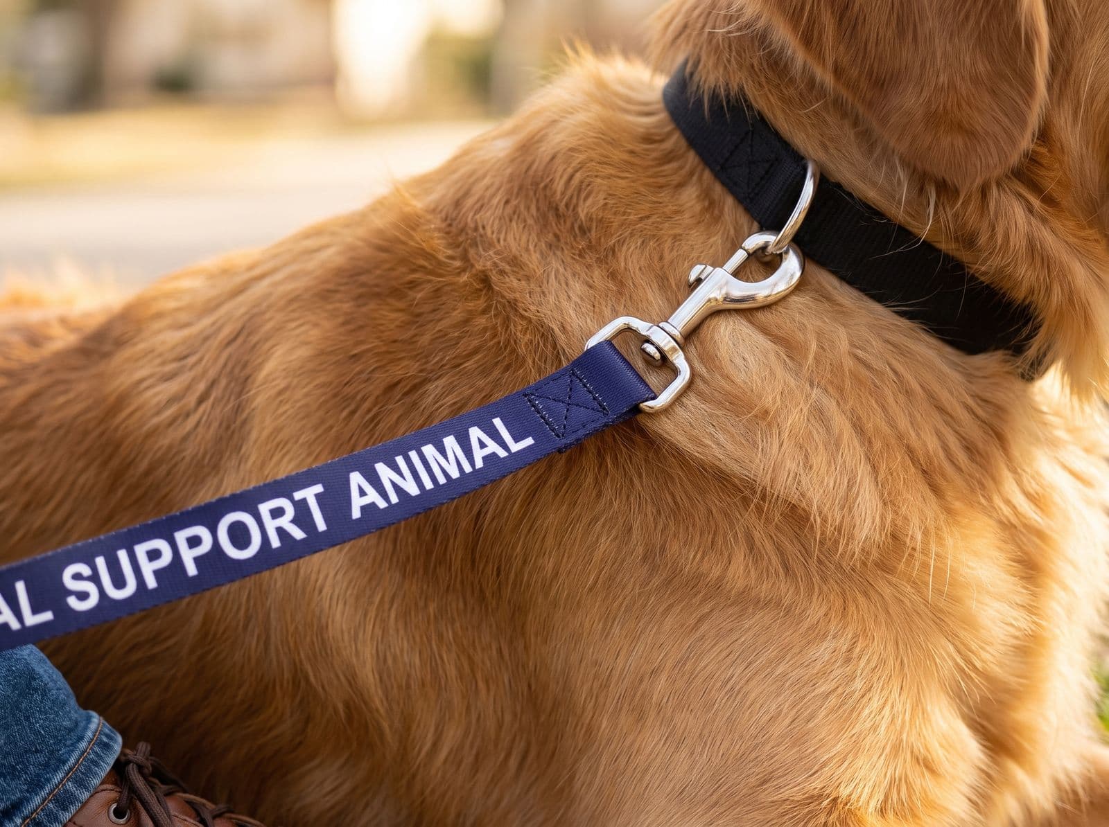The emotional support leash's metal snap hook clipped to a golden retriever's collar