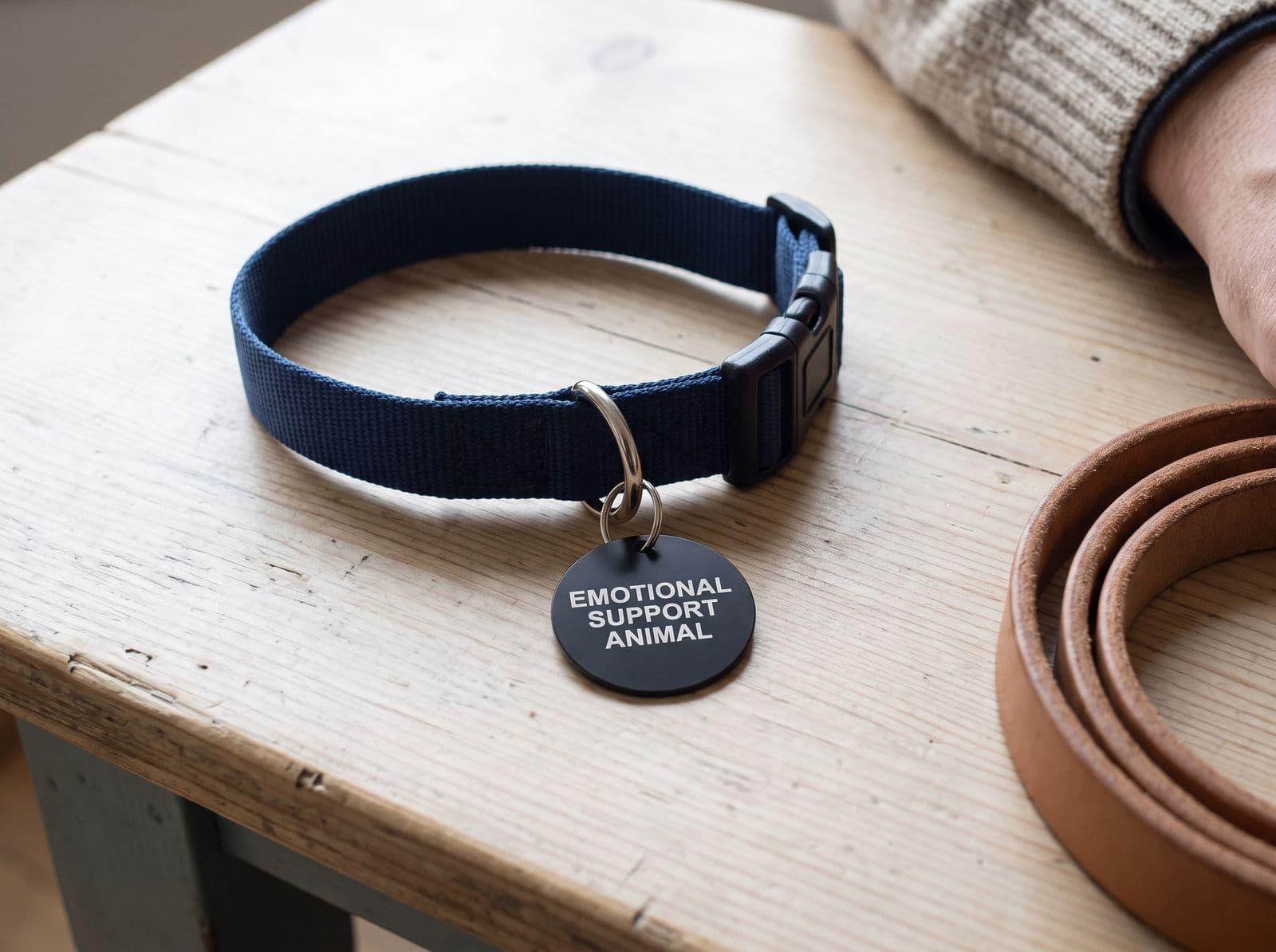 A plain navy collar on a table with the black EMOTIONAL SUPPORT ANIMAL tag on its ring