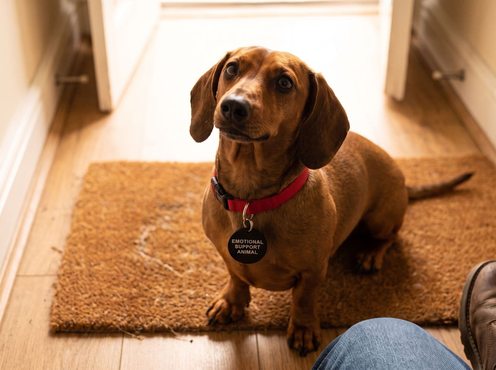 A dachshund on a doormat wearing a red collar with the black emotional support tag