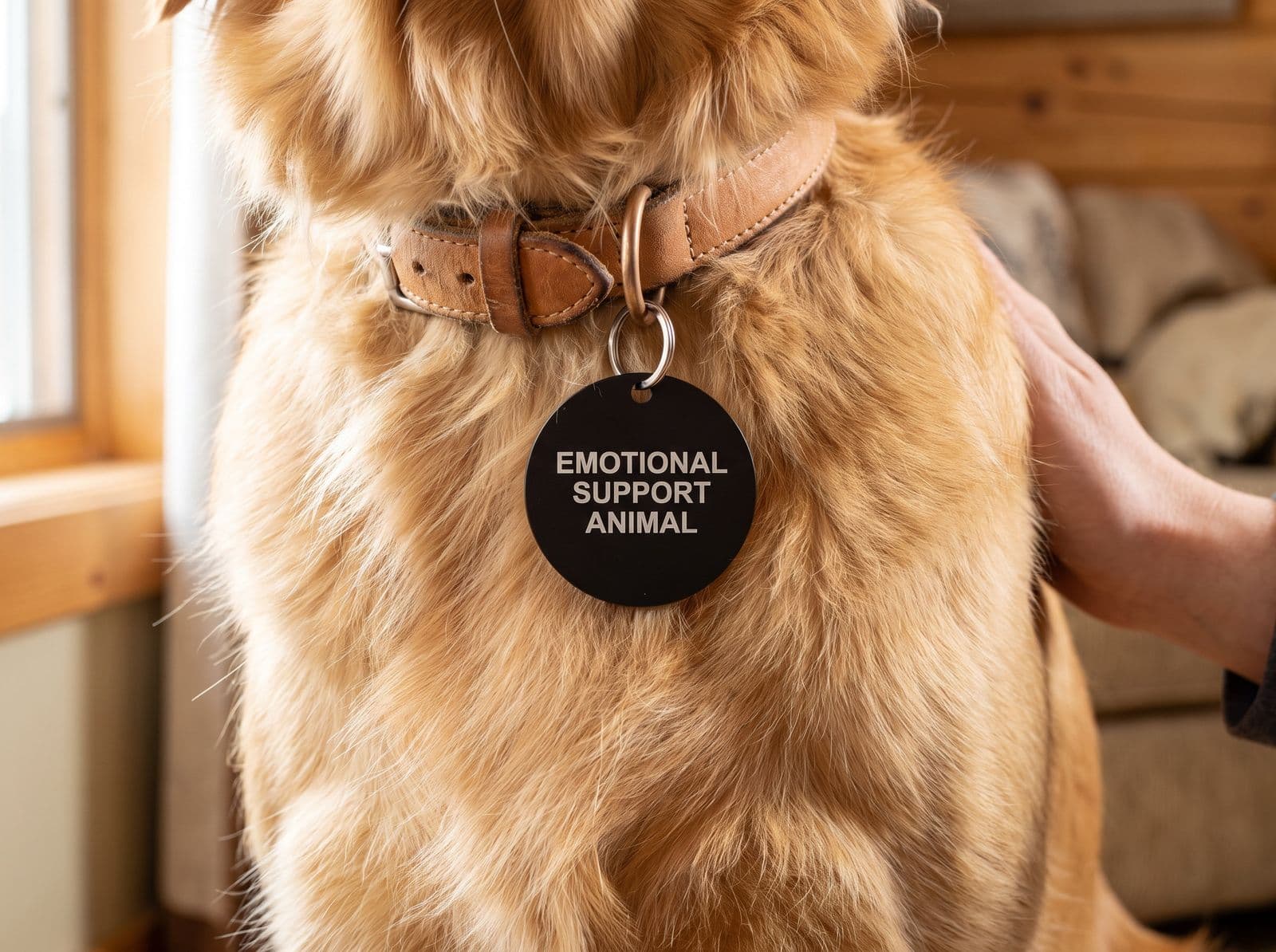 The round black EMOTIONAL SUPPORT ANIMAL tag hanging from a golden retriever's leather collar