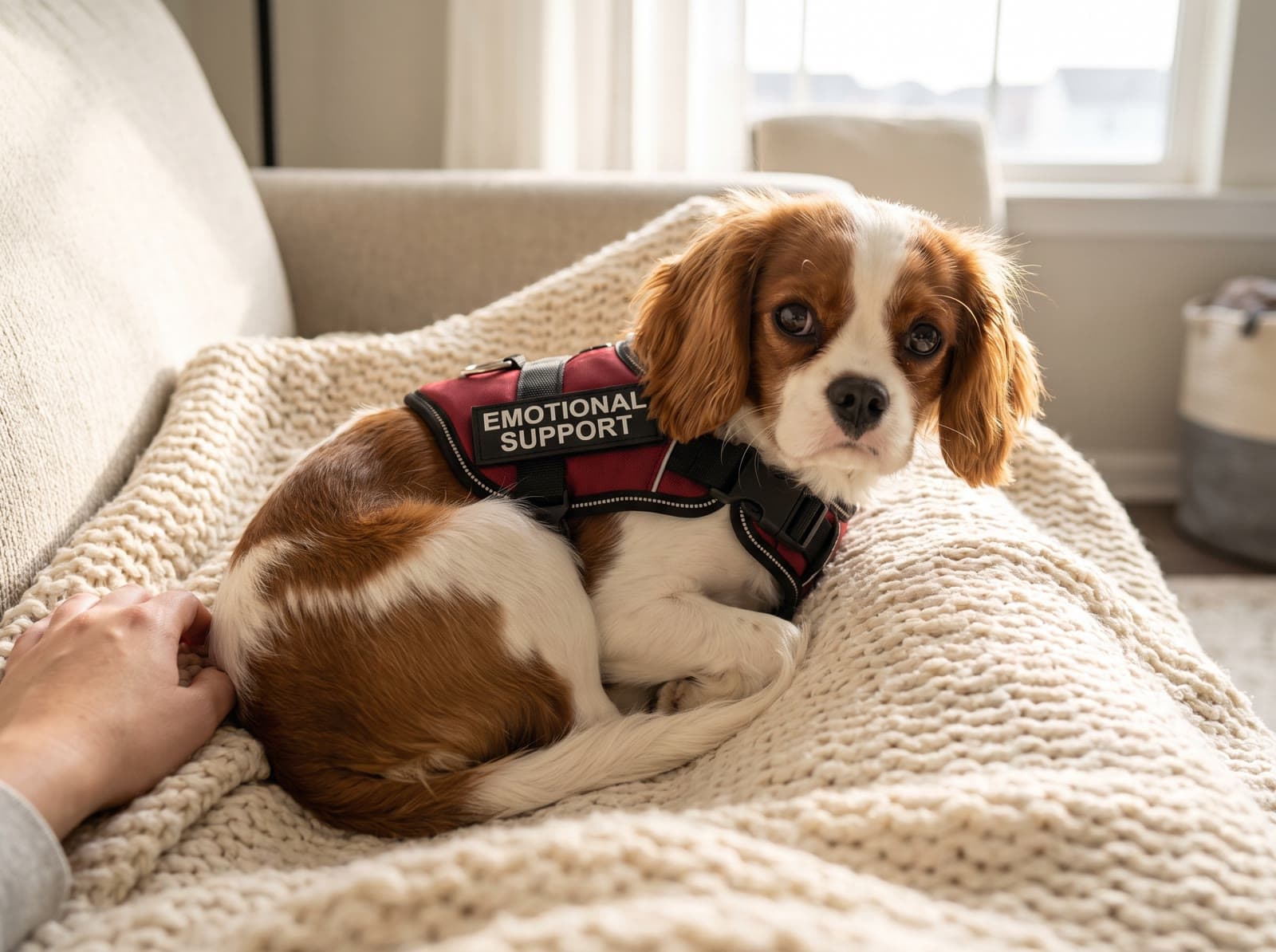 A Cavalier King Charles spaniel in the small red emotional support vest, curled on a knitted blanket