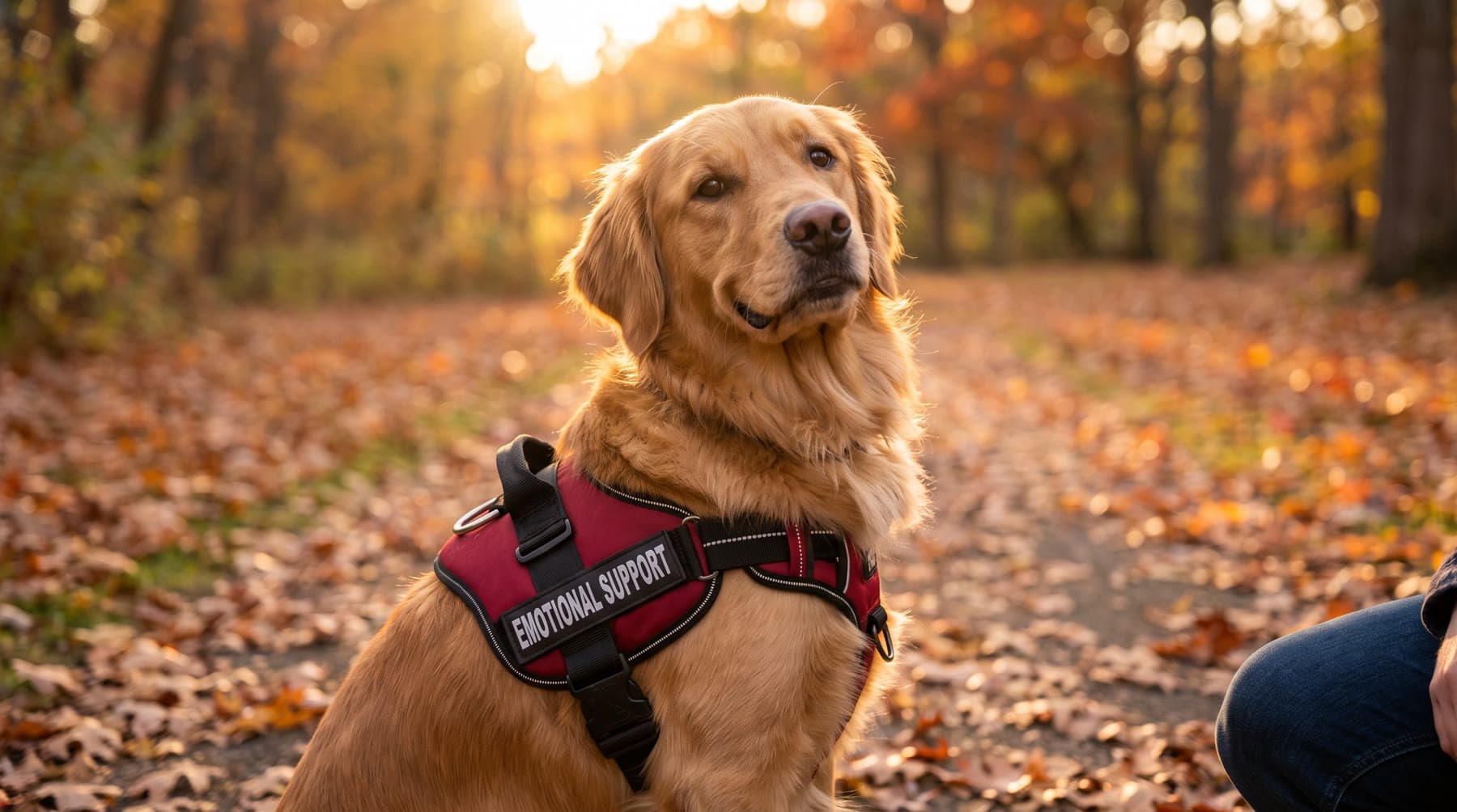 A golden retriever in the red emotional support dog vest, sitting on an autumn path