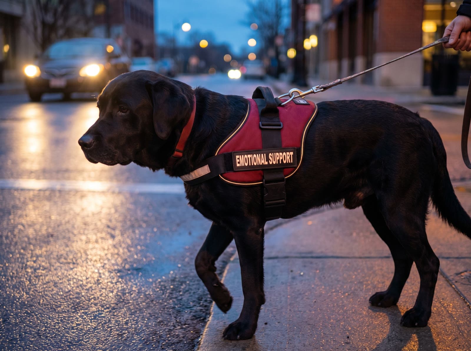 A black Labrador in the red emotional support vest on a city street at dusk, the leash clipped to the vest's ring