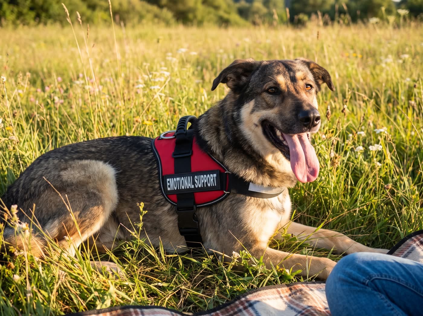 A shepherd mix in the red emotional support vest, lying in a sunny meadow