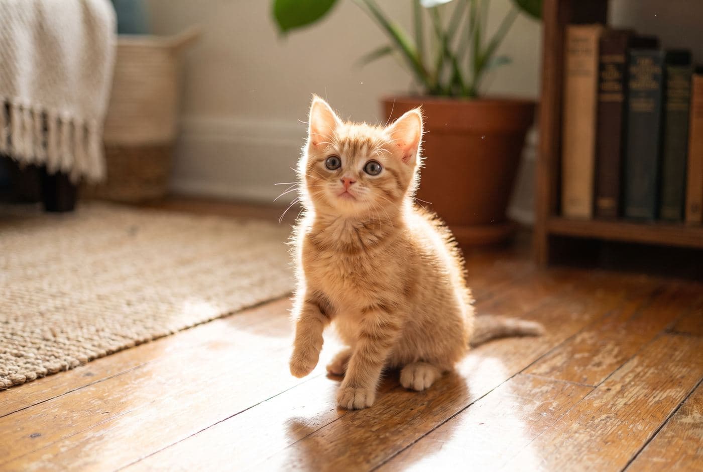 A ginger kitten sitting in the sun with one paw lifted, looking up