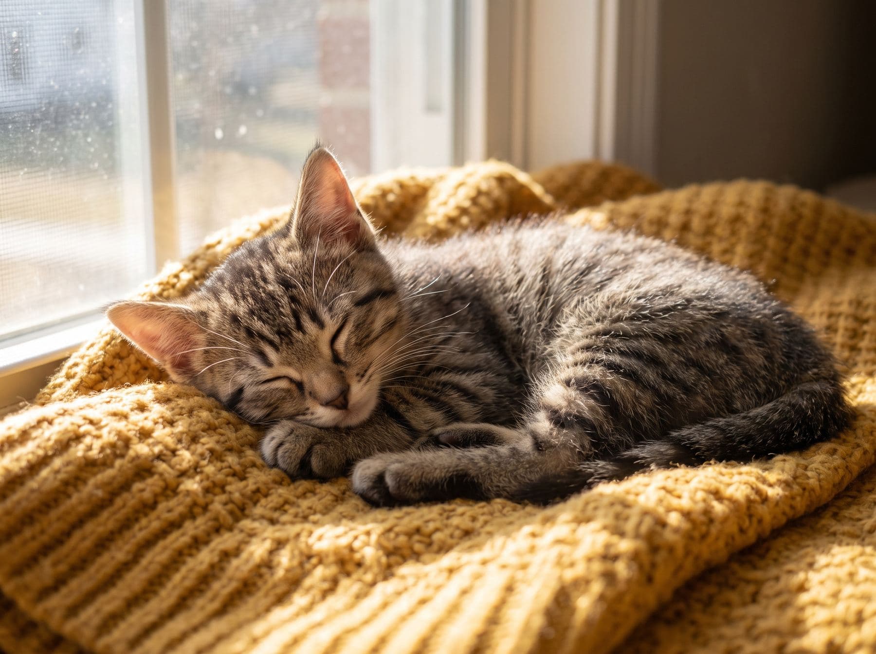 A tabby kitten asleep on a mustard knit blanket beside a window