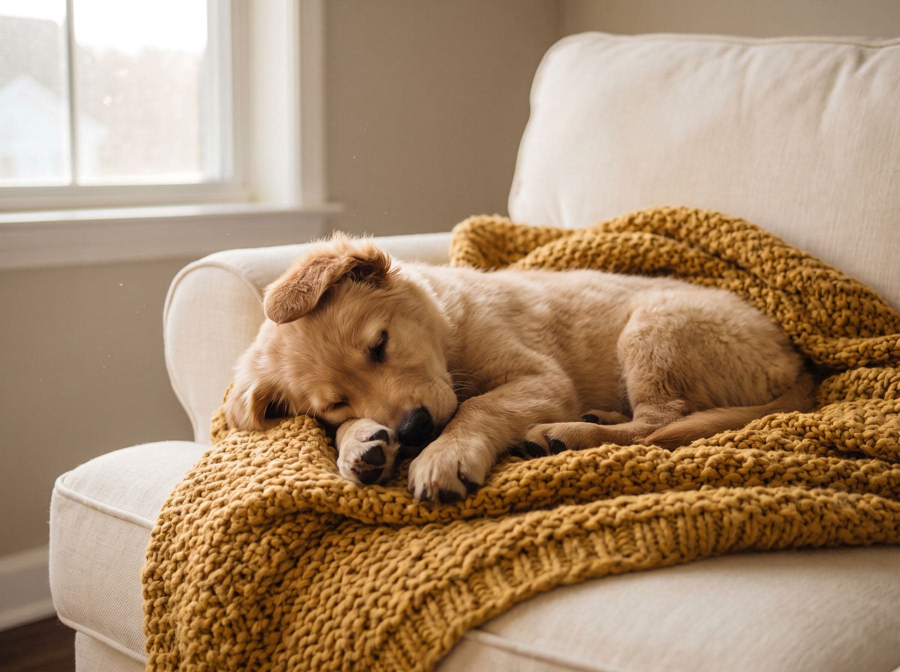 A golden retriever puppy asleep on a mustard knit blanket, chin on its paws