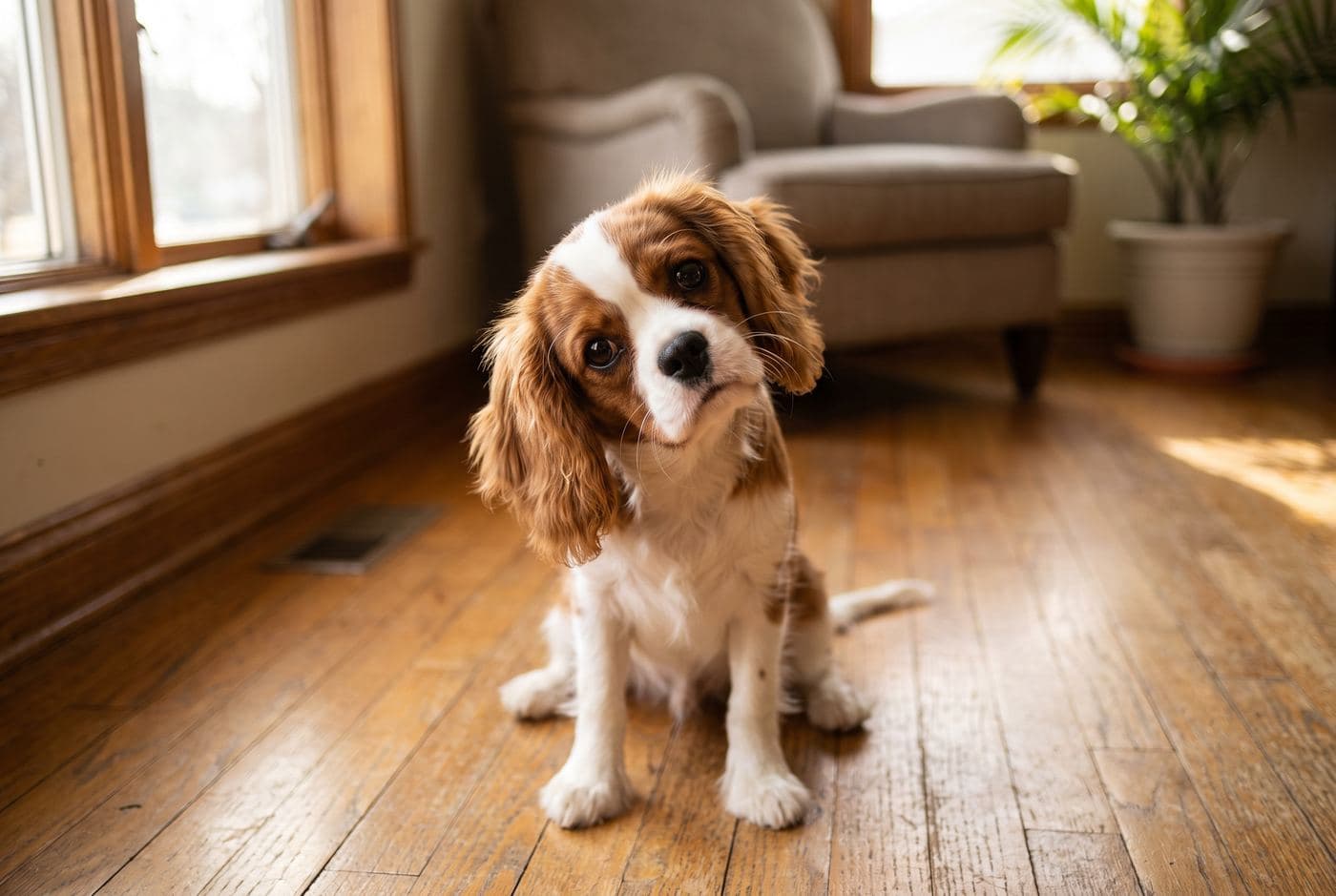 A Cavalier King Charles spaniel puppy tilting its head and looking up