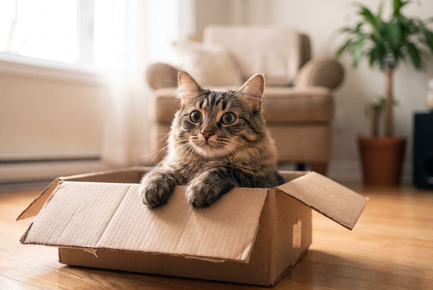A wide-eyed tabby cat leaning out of a cardboard box