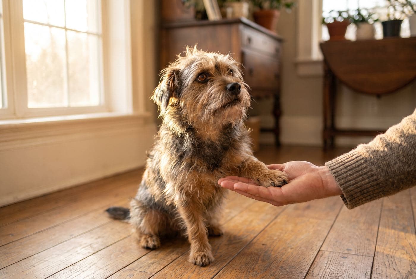 A scruffy terrier sitting on a wooden floor with its paw in a person's open hand