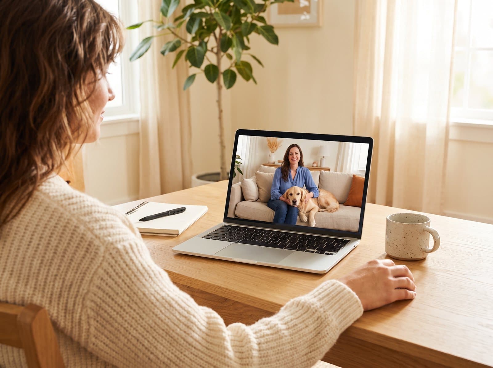 Over a therapist's shoulder, a laptop showing a woman on a sofa with a golden retriever's head on her lap