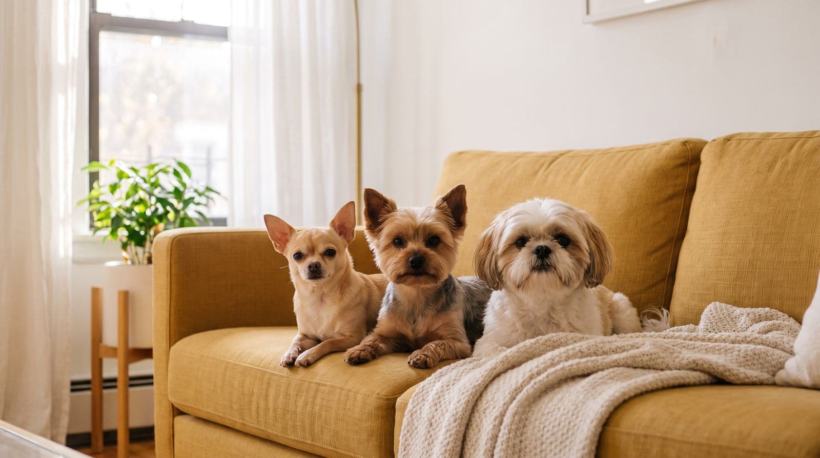 A Chihuahua, a Yorkshire terrier and a Shih Tzu sitting side by side on a mustard yellow sofa